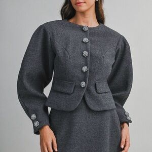 Chic Charcoal Women's Blazer with Crystal Buttons